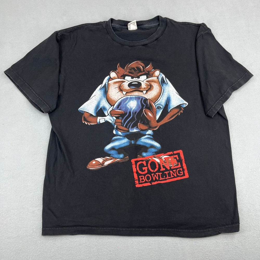 Vintage 1997 Looney Tunes Taz Gone Bowling T-Shirt Mens XL Black Warner Bros 90s